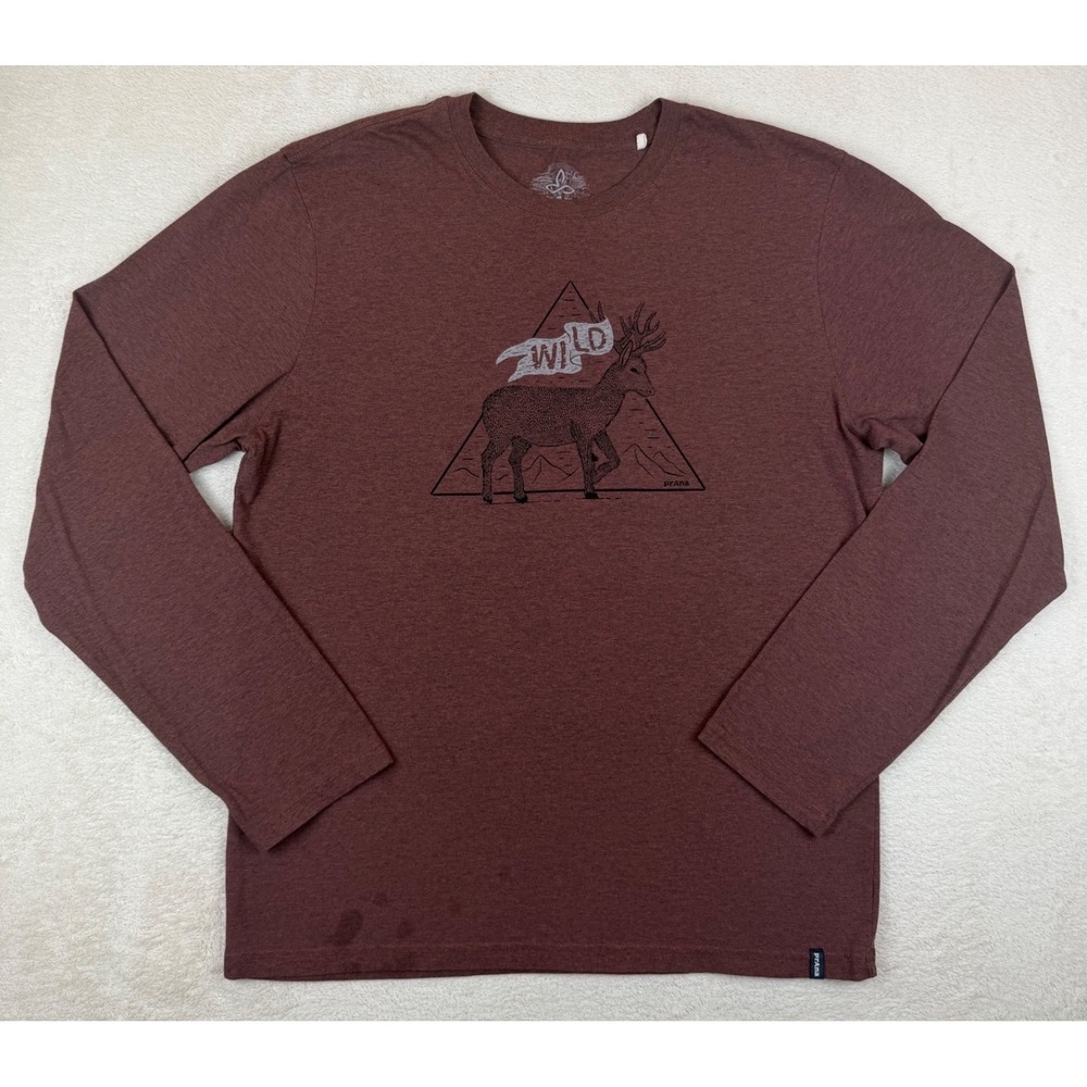 Prana Mens Long Sleeve Graphic Tee Shirt Wild Deer Mountain‎ Burgundy Brown L